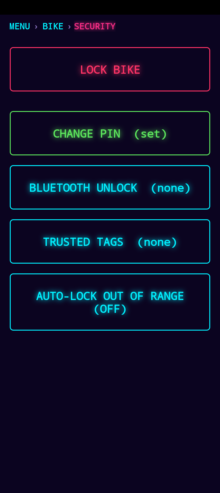 Security menu with lock, change PIN, Bluetooth unlock, trusted tags, and auto-lock options