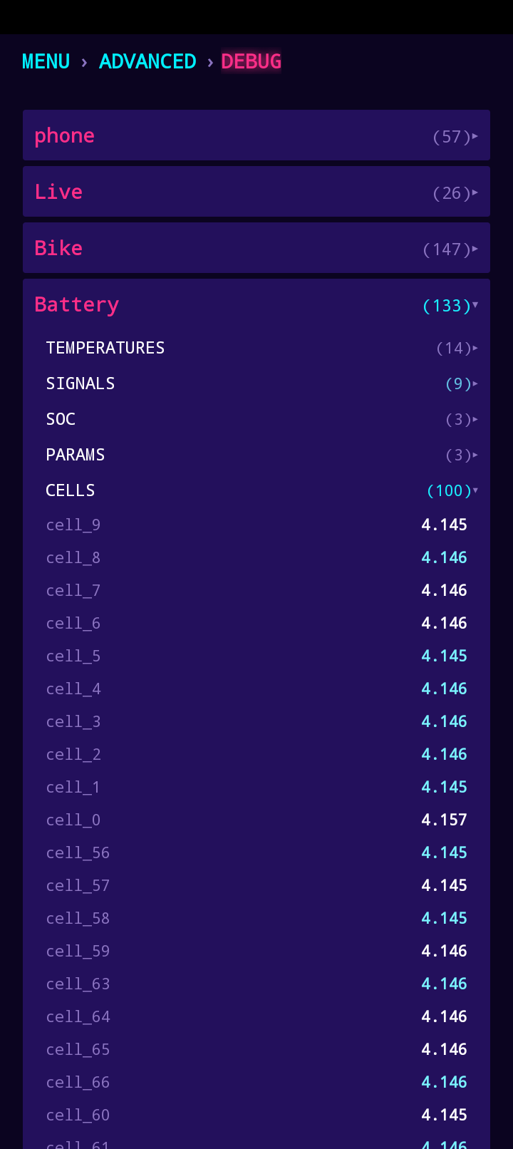 Debug view showing per-cell battery voltages