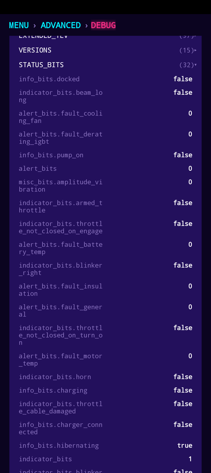 Debug view showing live status bits including indicators, alerts, and info flags