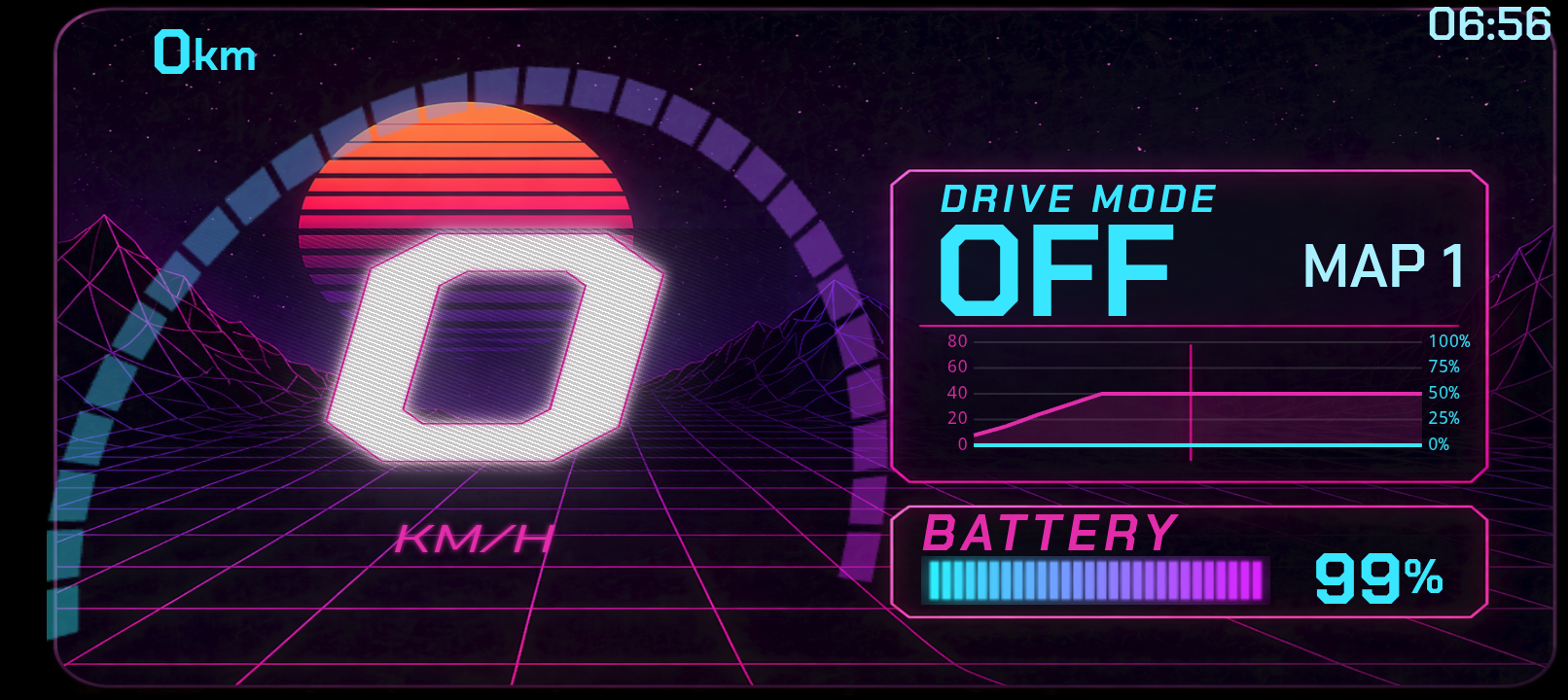 VargPilot HUD in the retrowave theme — neon sun, magenta arc, cyan battery bar