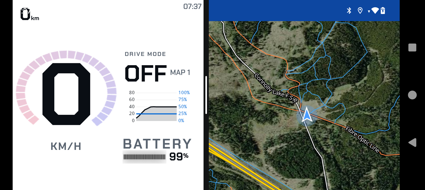Landscape split-screen view with the VargPilot HUD on the left and a trail map app running on the right