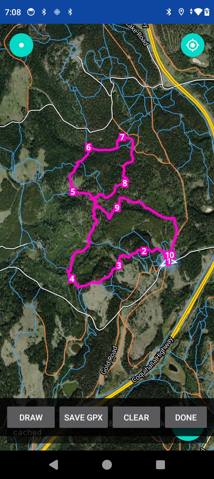 Custom GPX route drawn with numbered waypoints on a backcountry trail loop