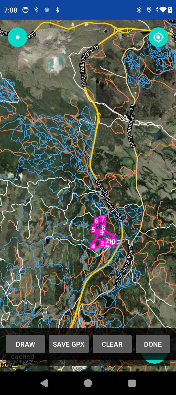 The same drawn route zoomed out to show its position relative to the highway network
