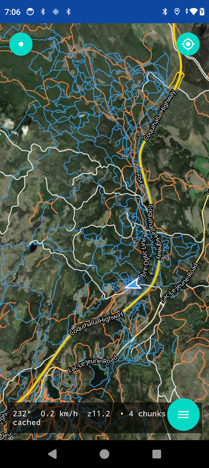 Offline trail map showing blue and orange trail overlays on satellite imagery
