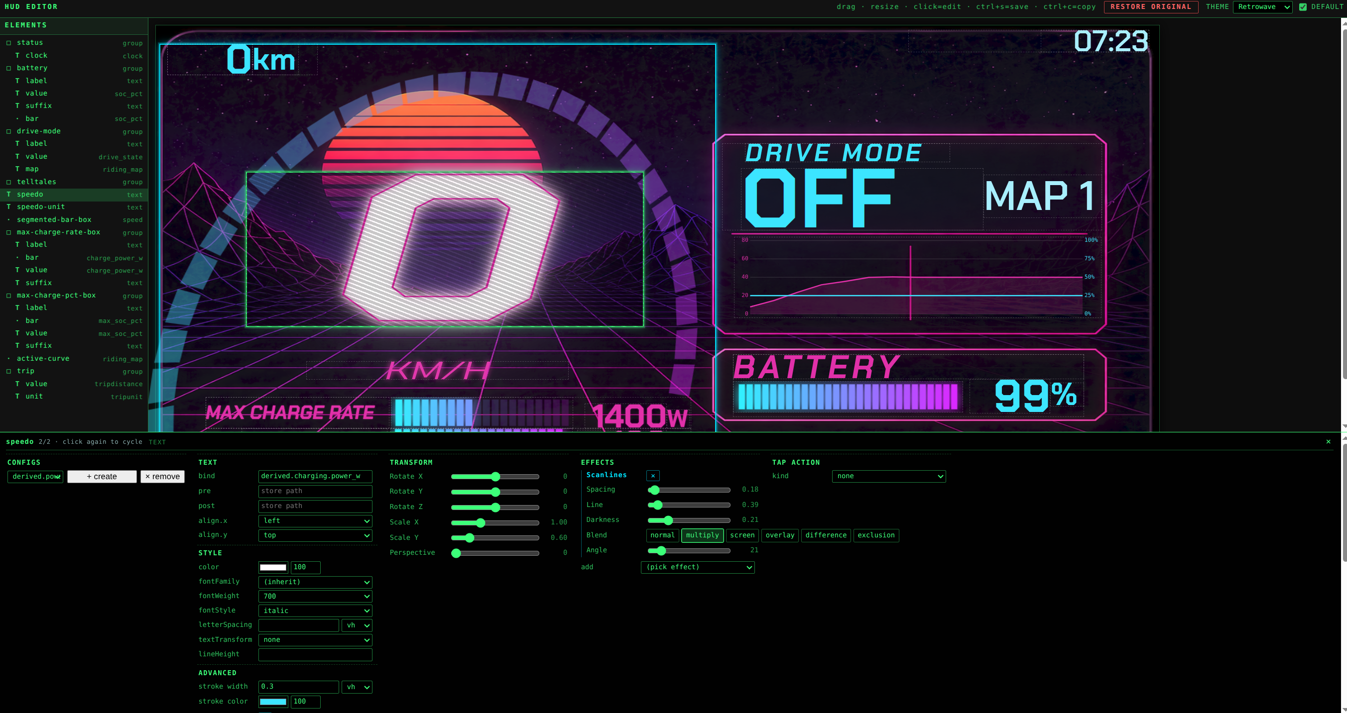 Web-based theme editor showing a live HUD preview above an element tree, property panel, and color controls