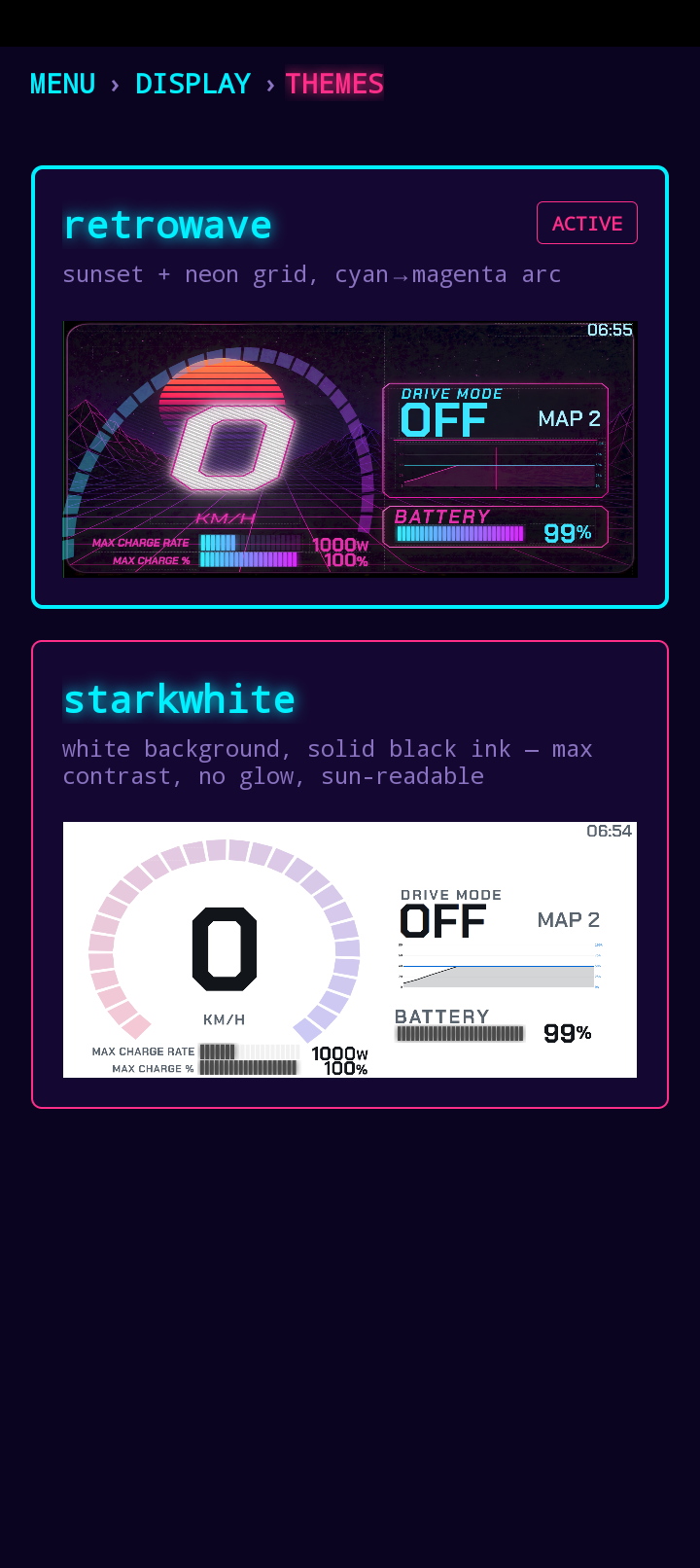 In-app theme picker comparing retrowave and starkwhite HUD previews